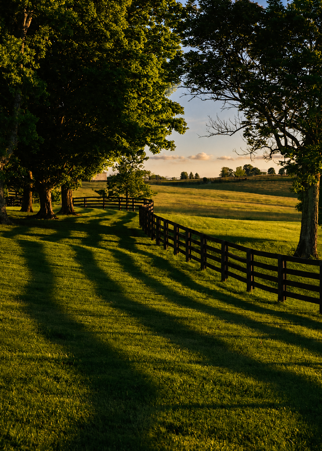 Tree-lined pasture and black fencing in late evening light